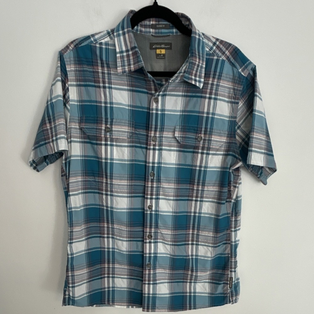 Eddie Bauer Men's Blue Plaid Classic Fit Short Sleeve Button-Up Shirt M